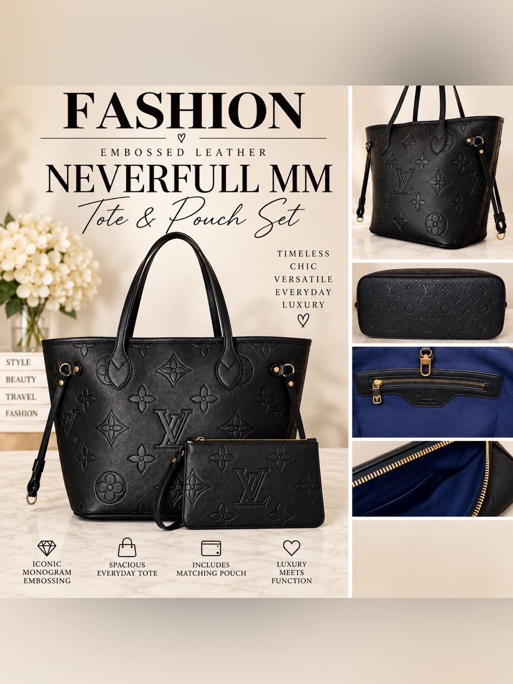 Black Embossed Neverfull MM Style Tote with Matching Pouch